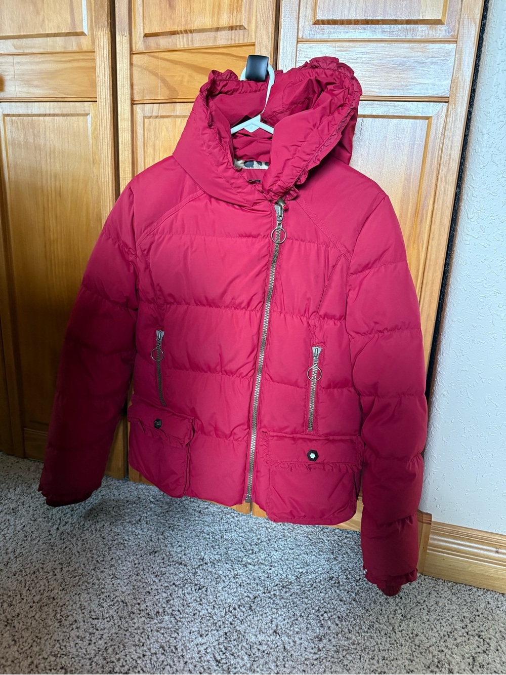 Women’s Puffer Jacket in Deep Red - Hooded Winter Coat